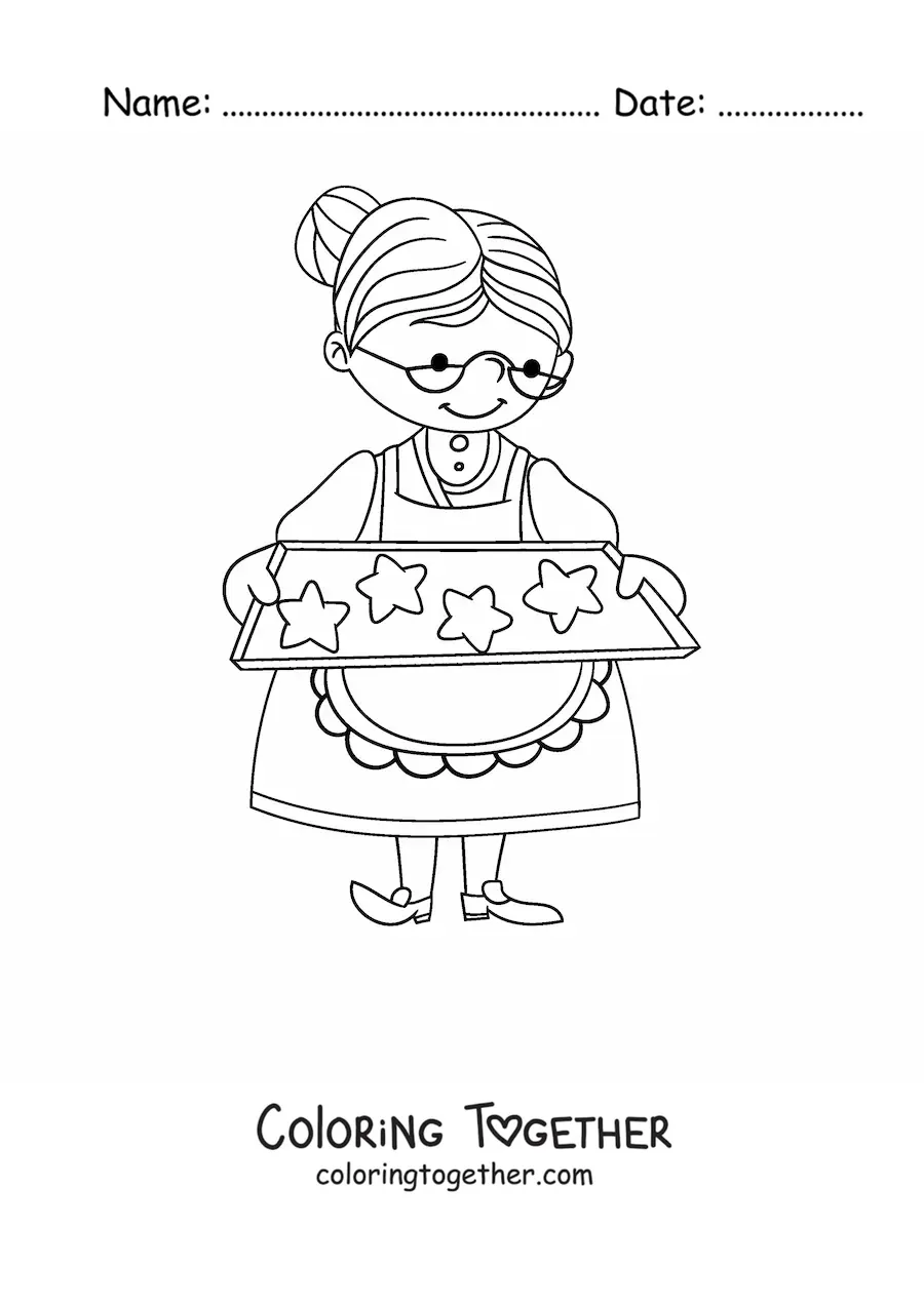 Coloring page of a grandmother with a tray of star-shaped cookies