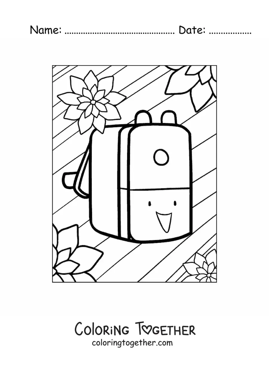 Coloring page of a kawaii school backpack with flowers