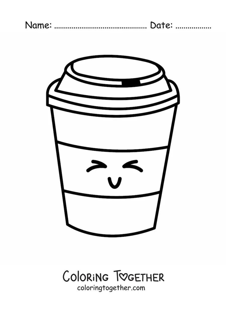 Coloring page of a cartoon coffee cup