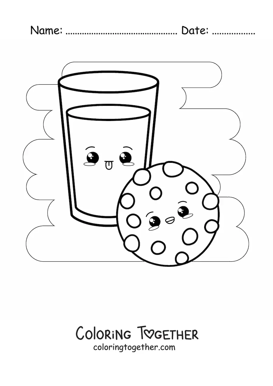 Coloring page of a kawaii chocolate chip cookie and a glass of milk