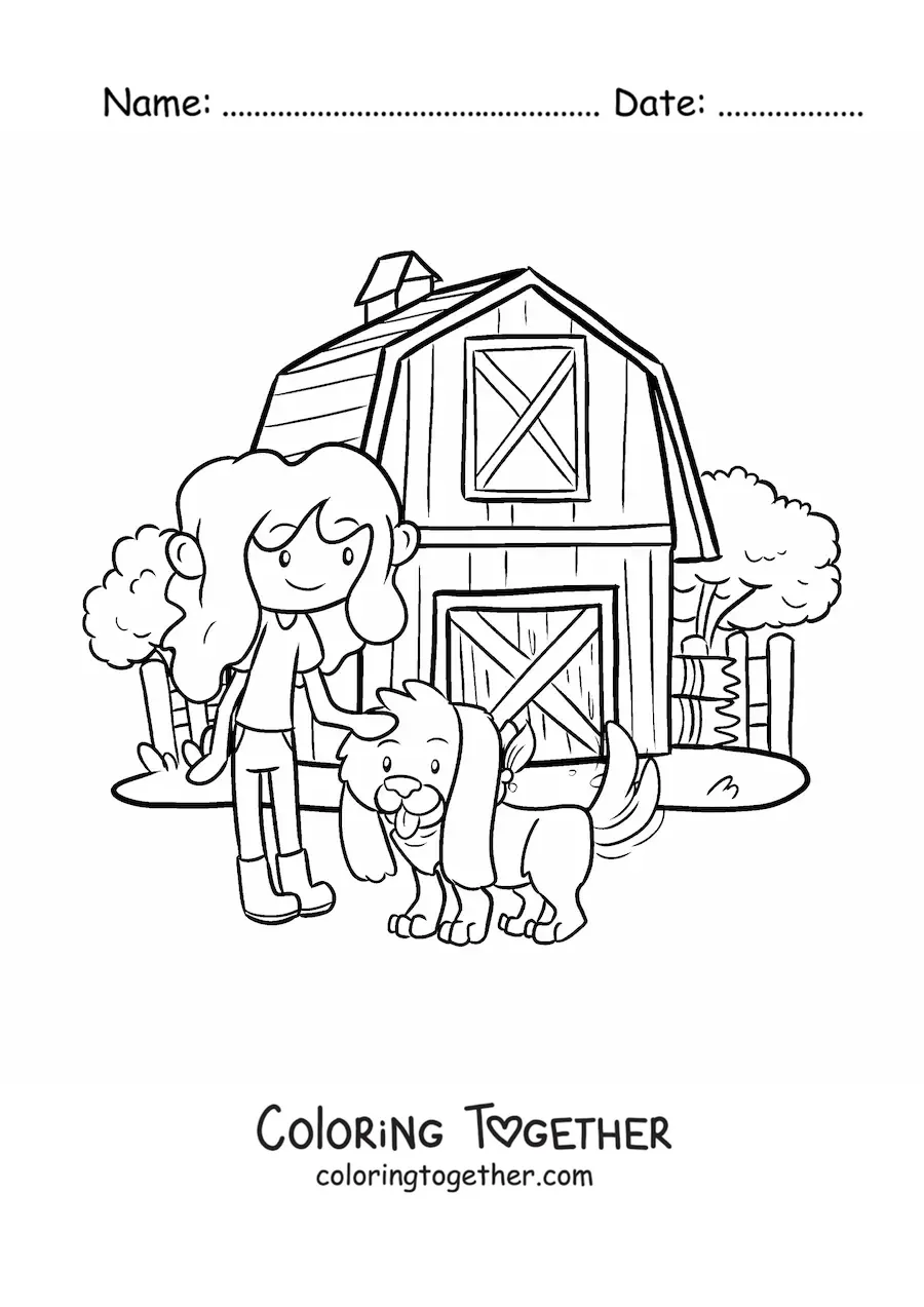 Coloring page of a farmer woman with a cartoon dog on the kawaii farm