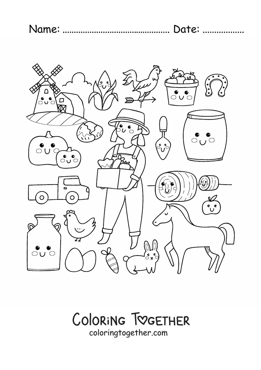 Coloring page of a cartoon kawaii farmer woman and things