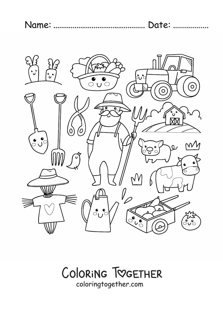 Coloring page of a cartoon kawaii farmer man and things
