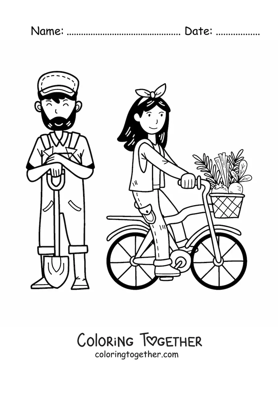 Coloring page of a kawaii farmer couple