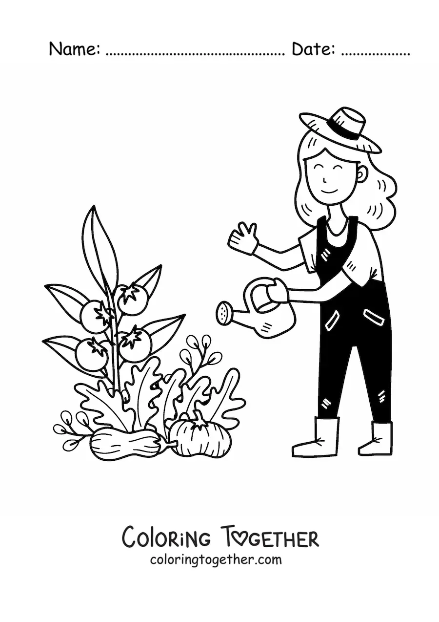 Coloring page of a kawaii farmer woman watering a tomato plant
