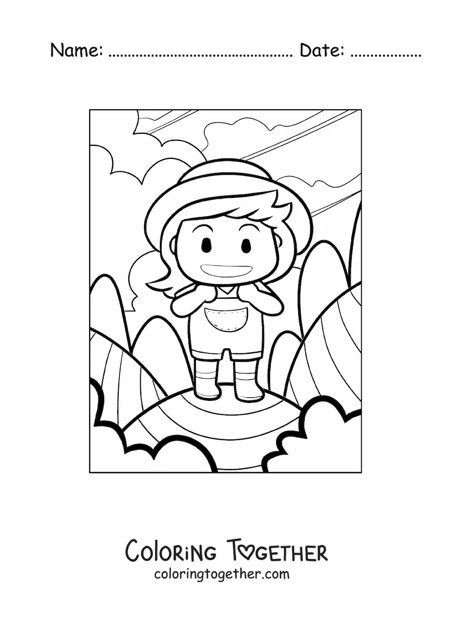 Coloring page of a kawaii farmer woman cartoon