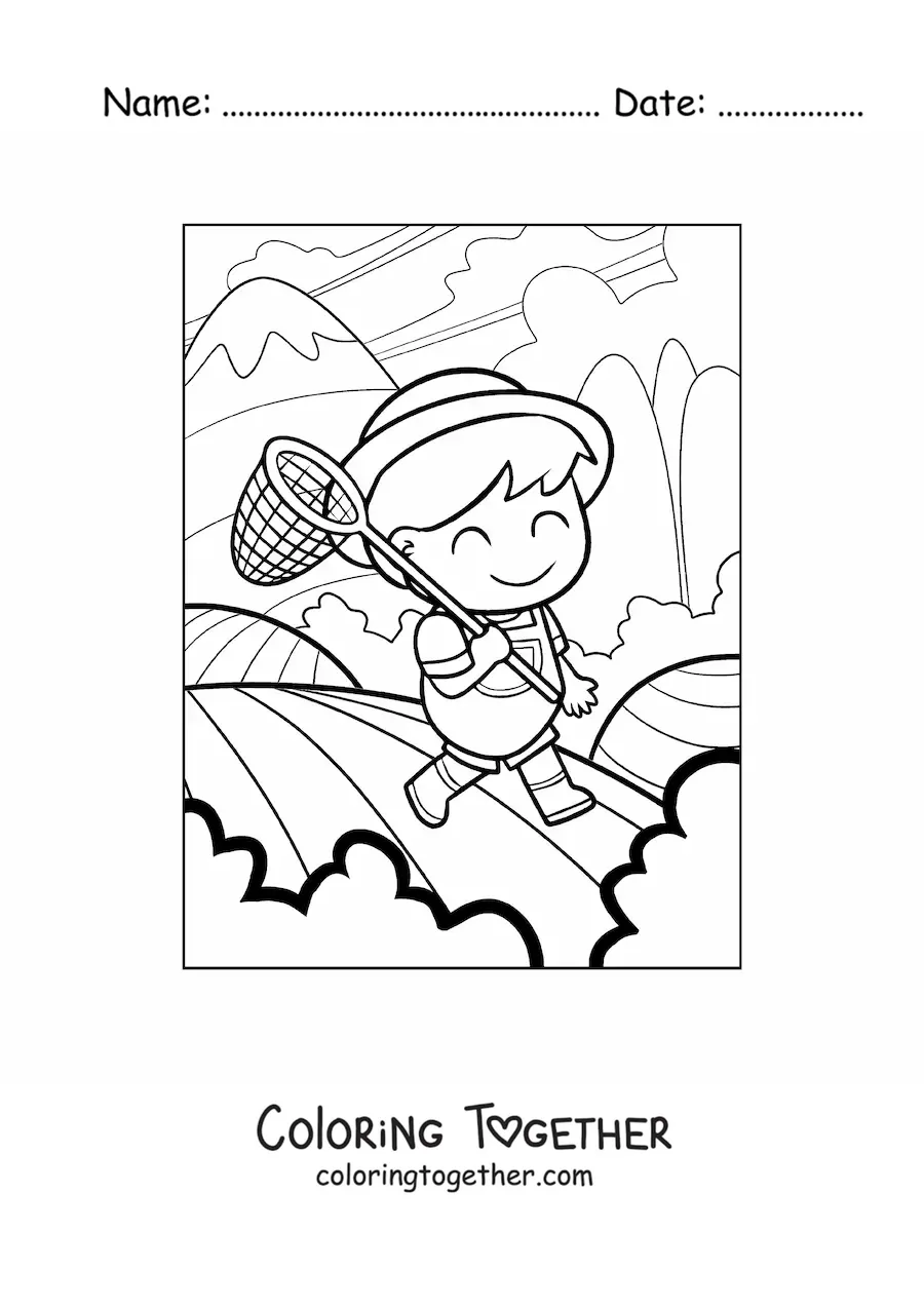 Coloring page of a kawaii farmer man cartoon