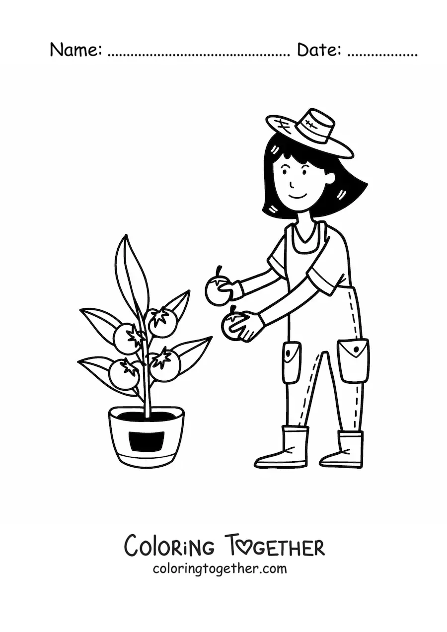 Coloring page of a kawaii farmer woman harvesting tomatoes