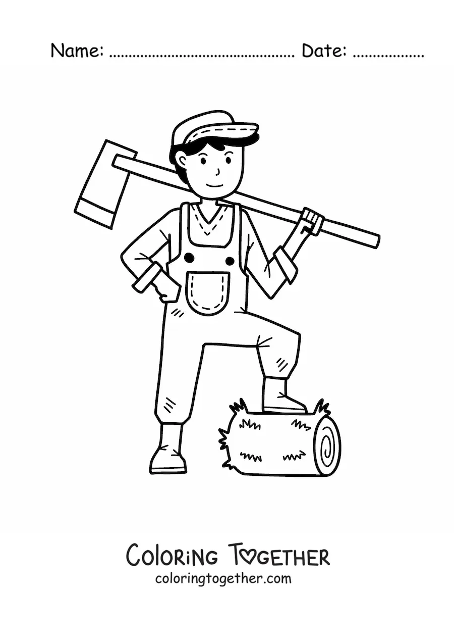 Coloring page of a kawaii farmer man chopping firewood