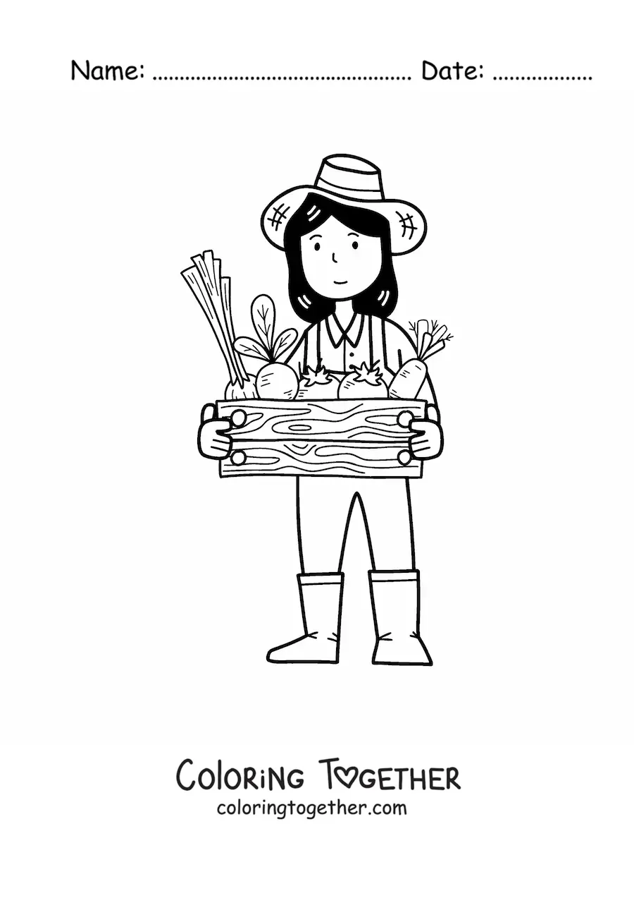 Coloring page of a kawaii farmer woman with harvested vegetables in a box