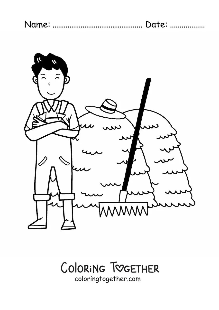 Coloring page of a kawaii farmer man with a rake next to a haystack