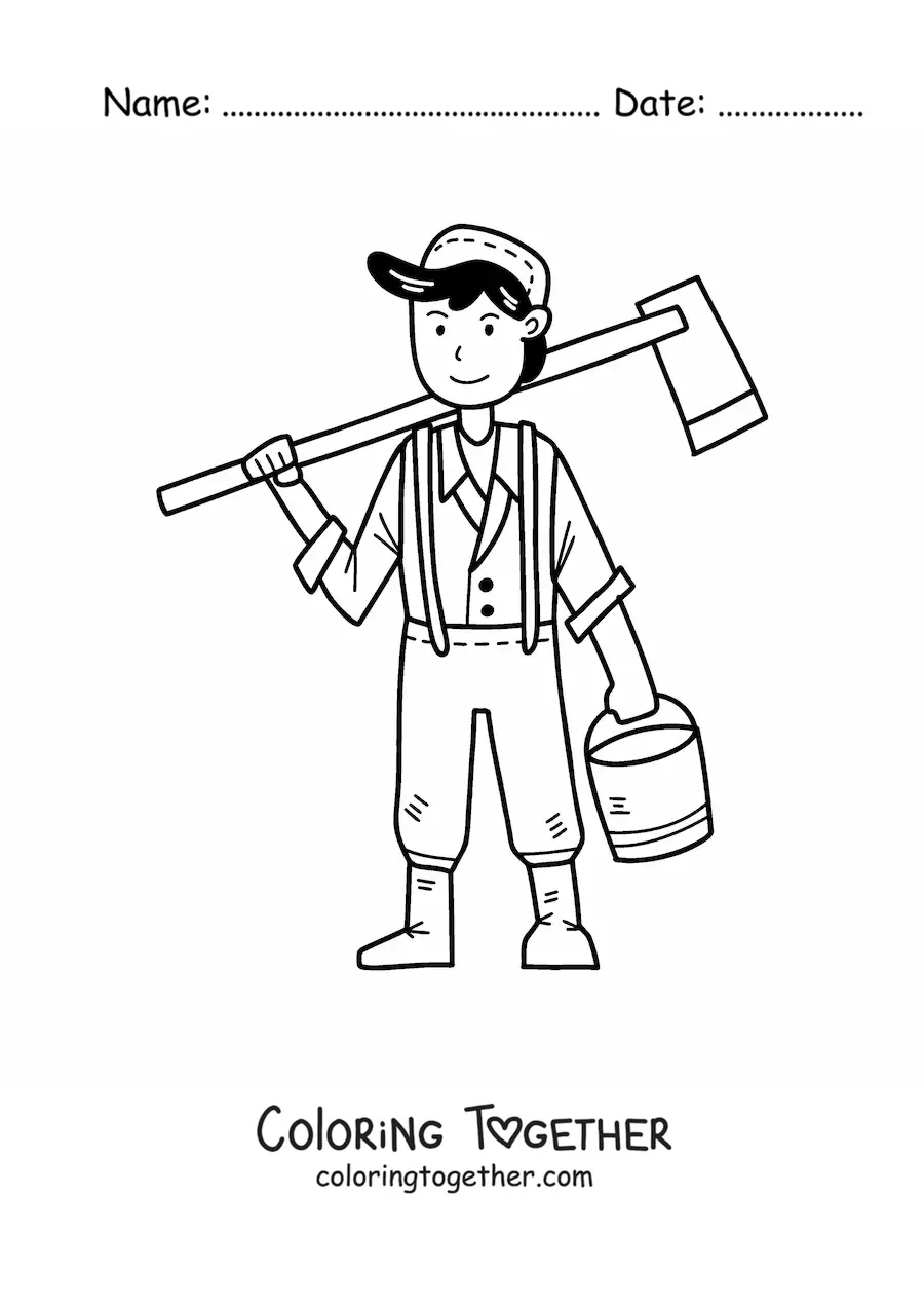 Coloring page of a kawaii farmer boy with a bucket and a shovel