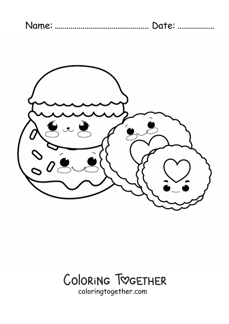 Coloring page of two kawaii filled cookies and two with a heart in the center
