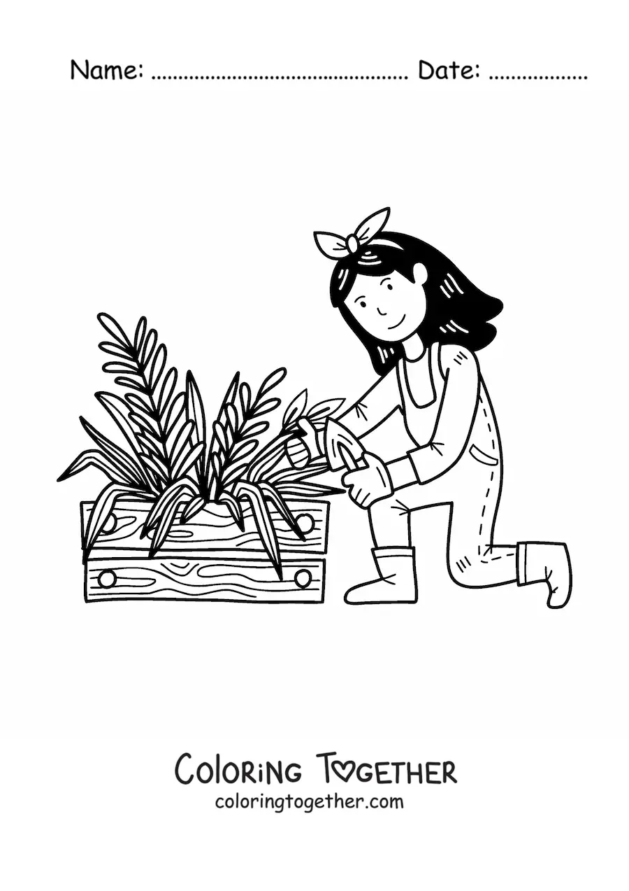 Coloring page of a kawaii farmer girl planting