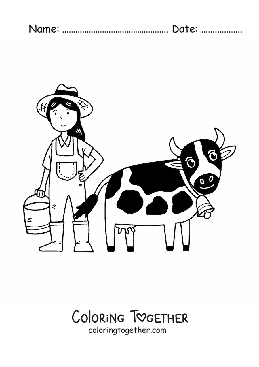 Coloring page of a kawaii farmer girl milking a cow