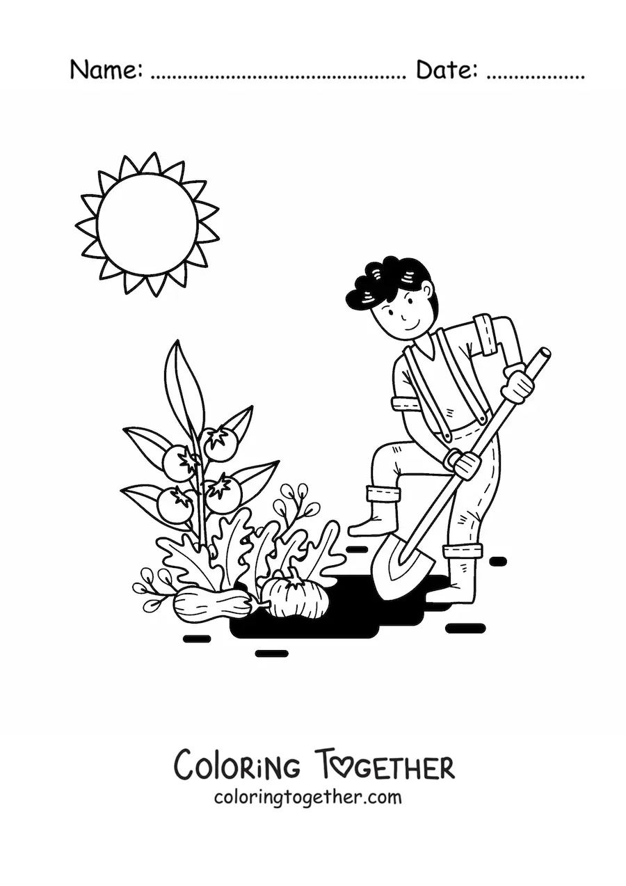 Coloring page of a kawaii farmer boy planting tomatoes under the sun