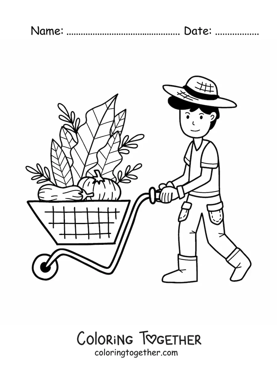 Coloring page of a kawaii farmer boy pulling a cart with harvested vegetables