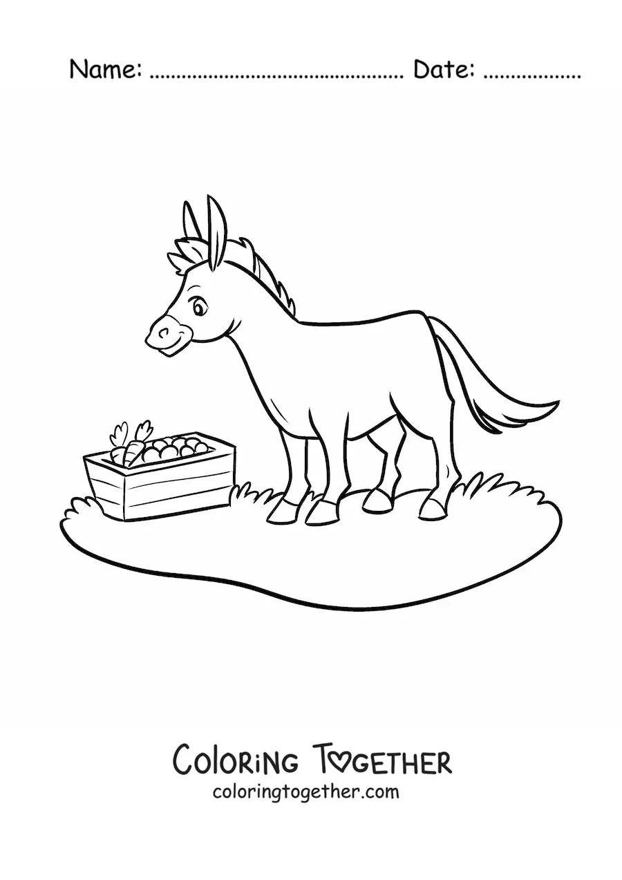 Coloring page of a kawaii donkey eating