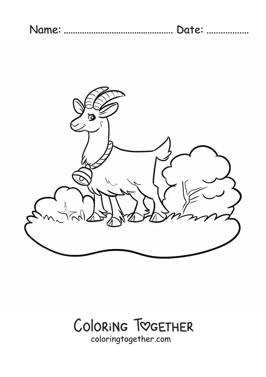 Coloring page of a kawaii goat with a bell