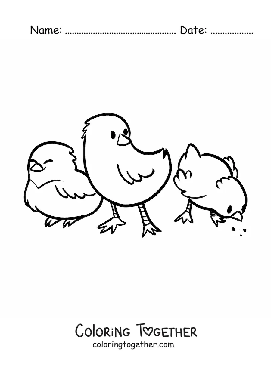 Coloring page of 3 kawaii chicks eating