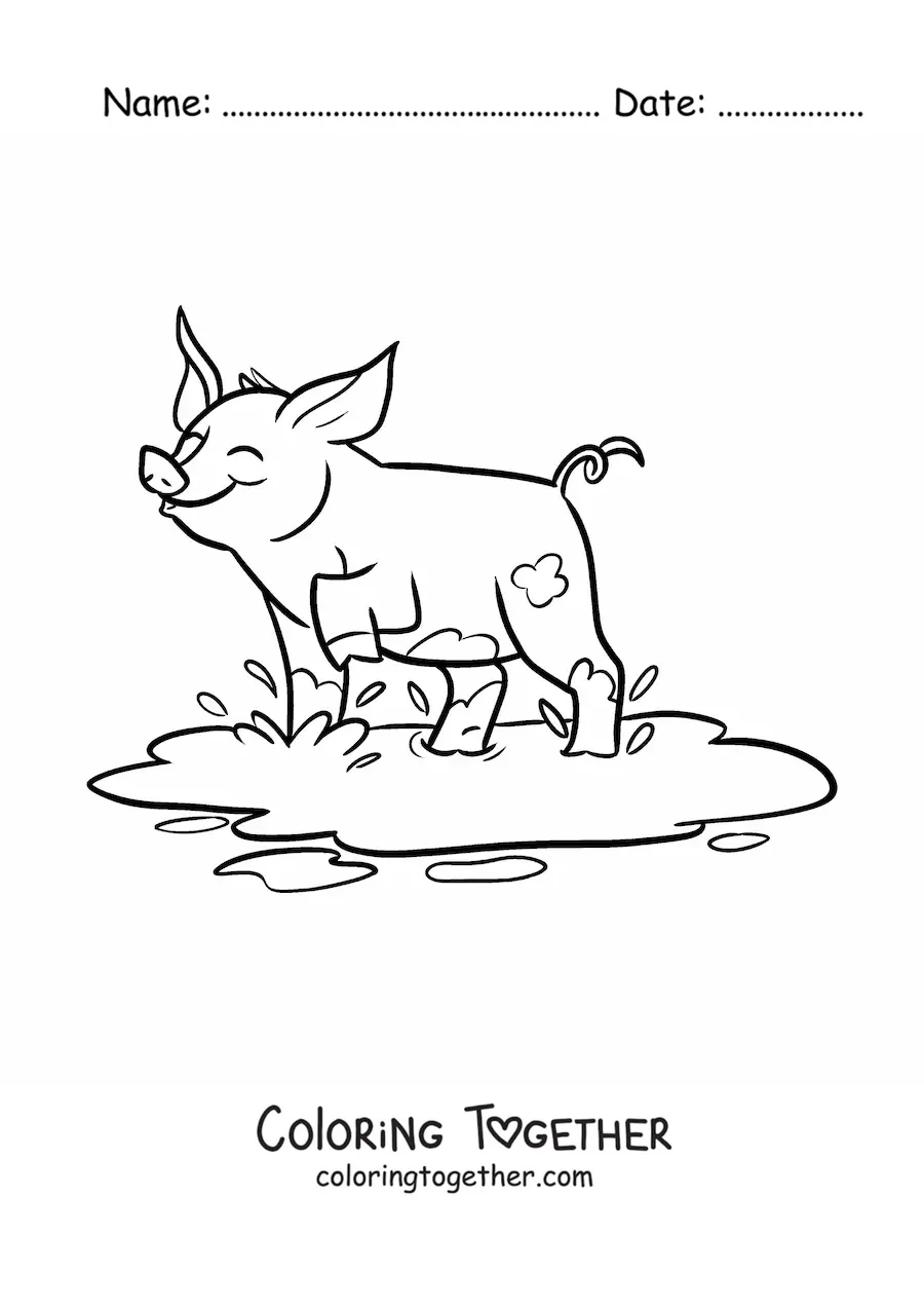 Coloring page of a kawaii pig playing in the mud