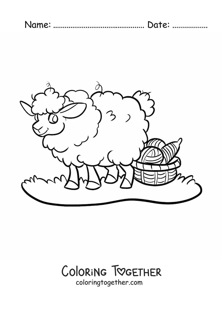 Coloring page of a kawaii sheep next to a basket of wool