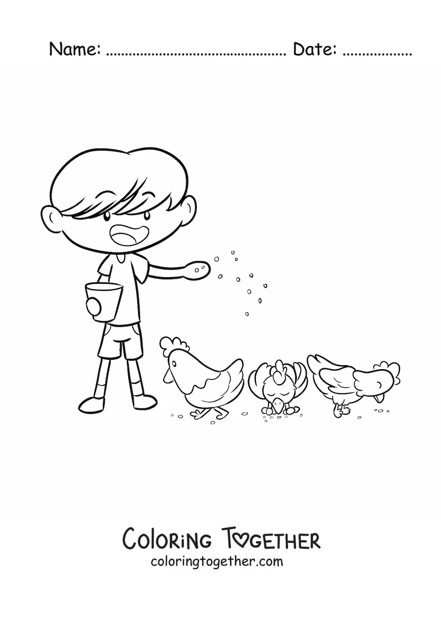 Coloring page of a kawaii farmer boy feeding the chicks