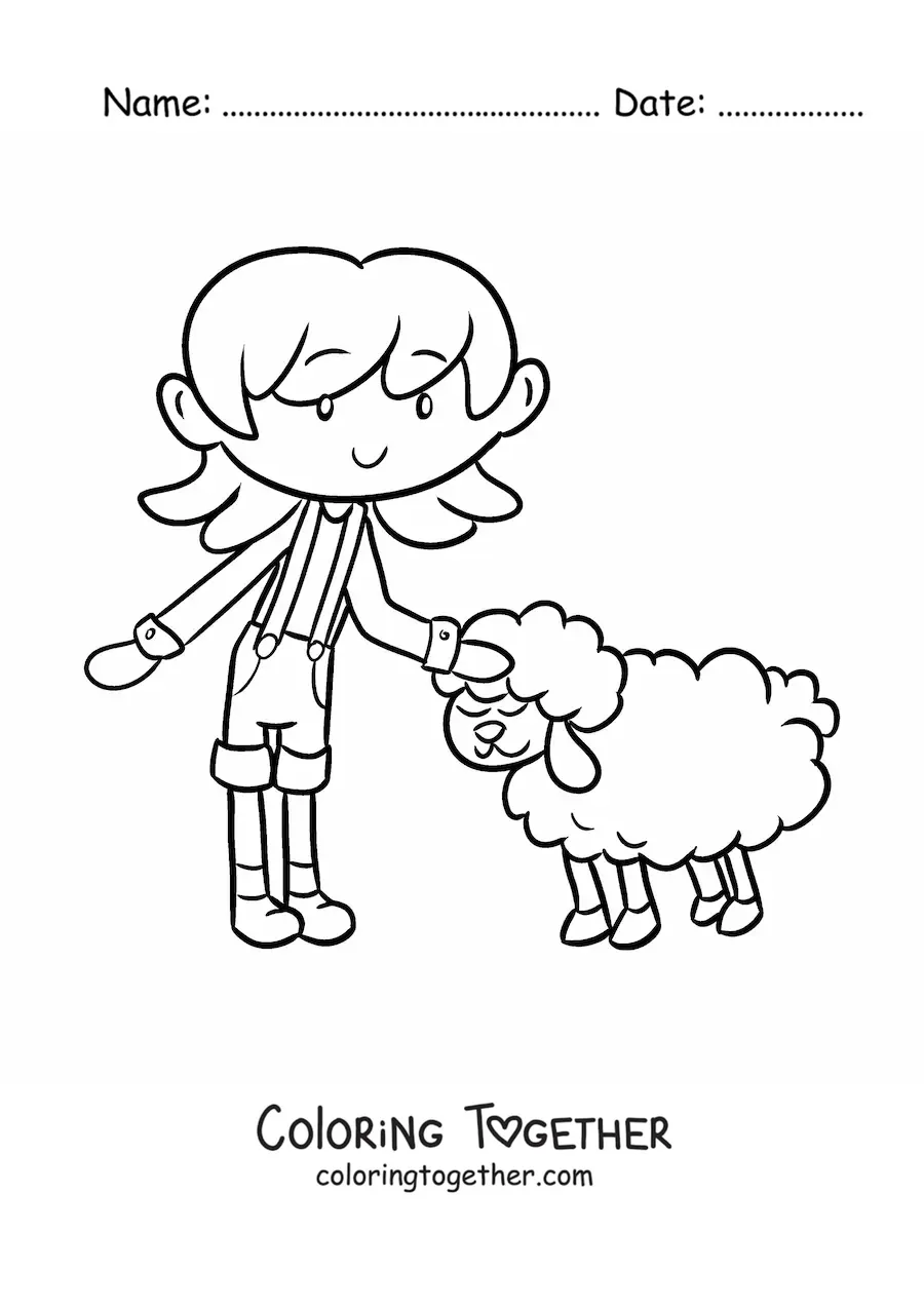 Coloring page of a kawaii farmer girl petting a sheep