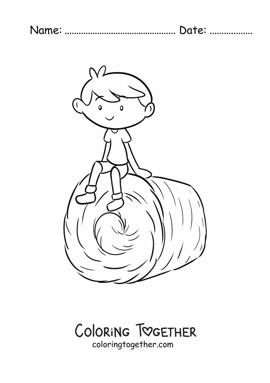 Coloring page of a kawaii farmer boy sitting on a haystack
