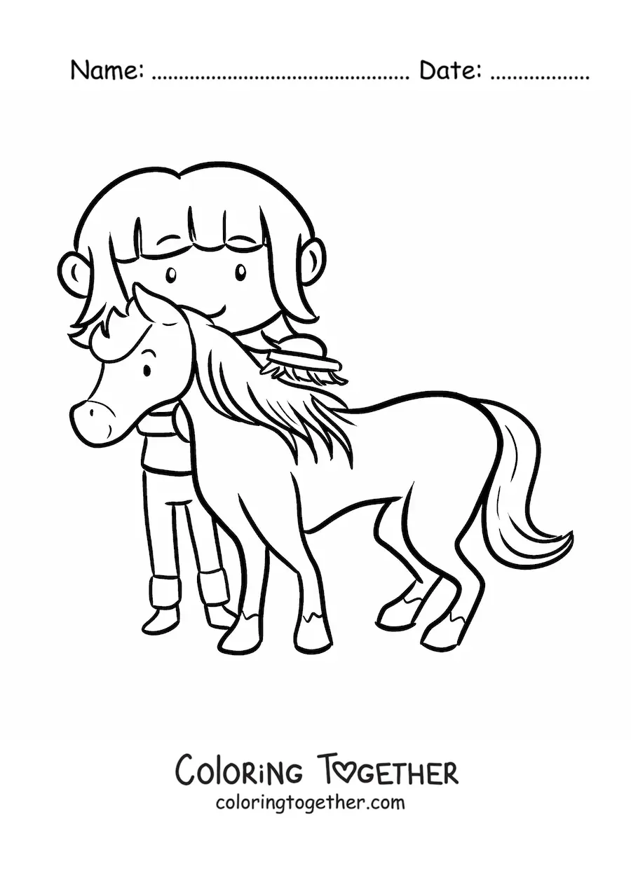 Coloring page of a kawaii farmer girl brushing a pony
