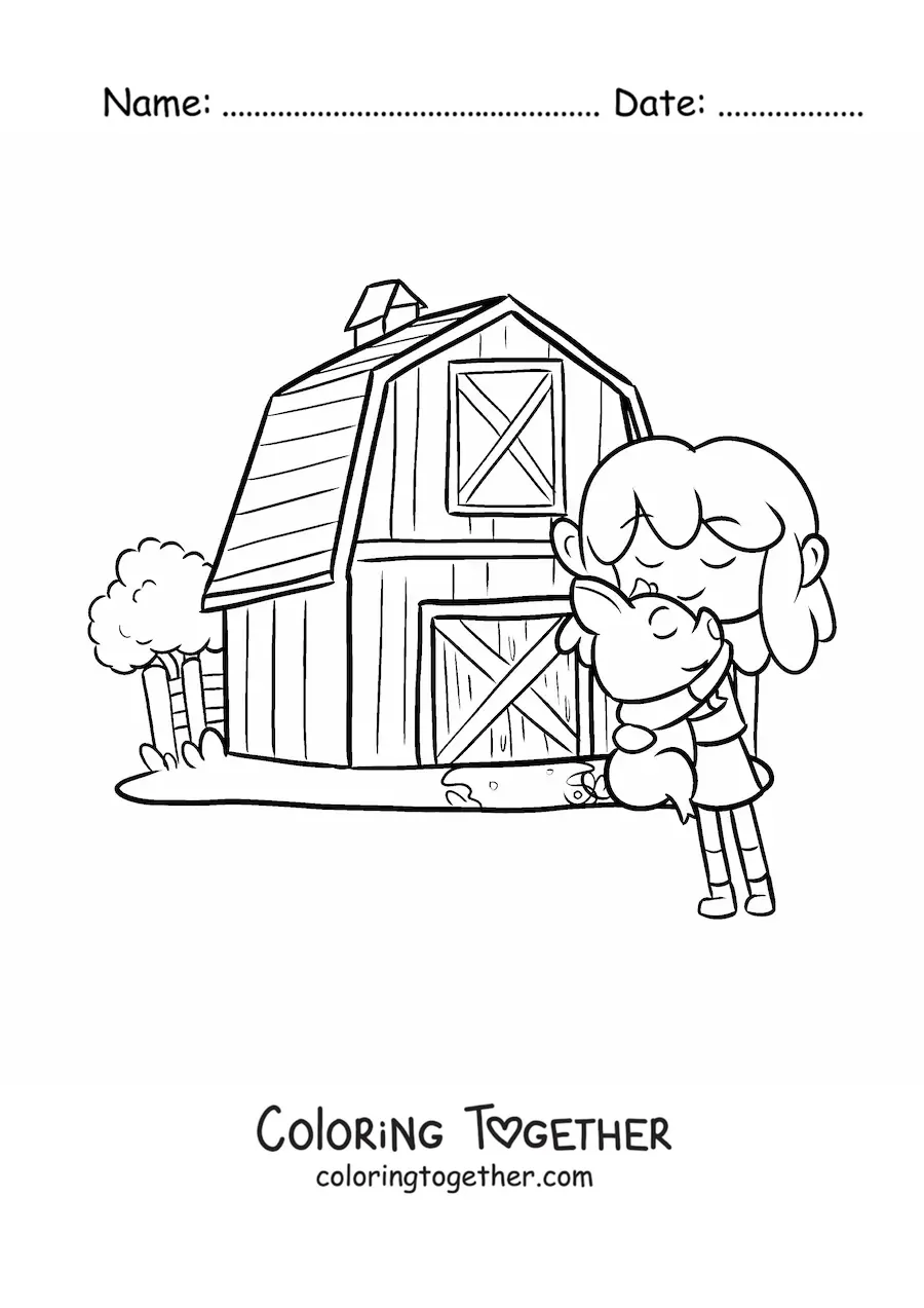 Coloring page of a kawaii farmer girl with a rabbit on the farm