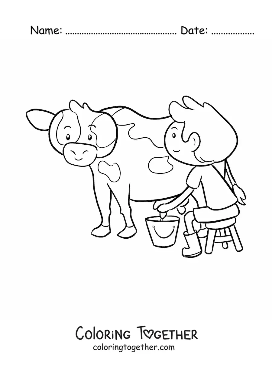 Coloring page of a kawaii farmer boy milking a cow