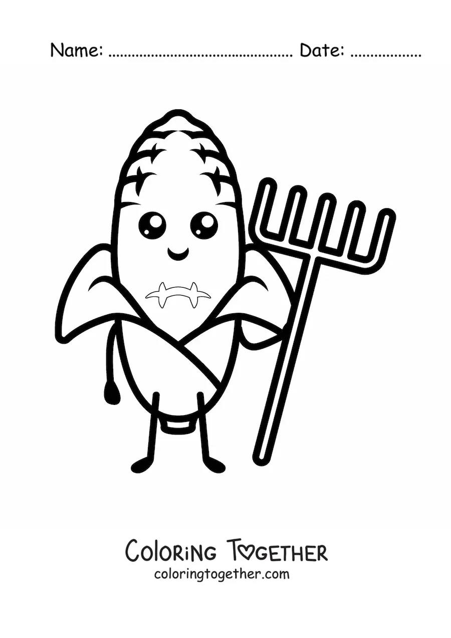 Coloring page of a cartoon kawaii farmer corn