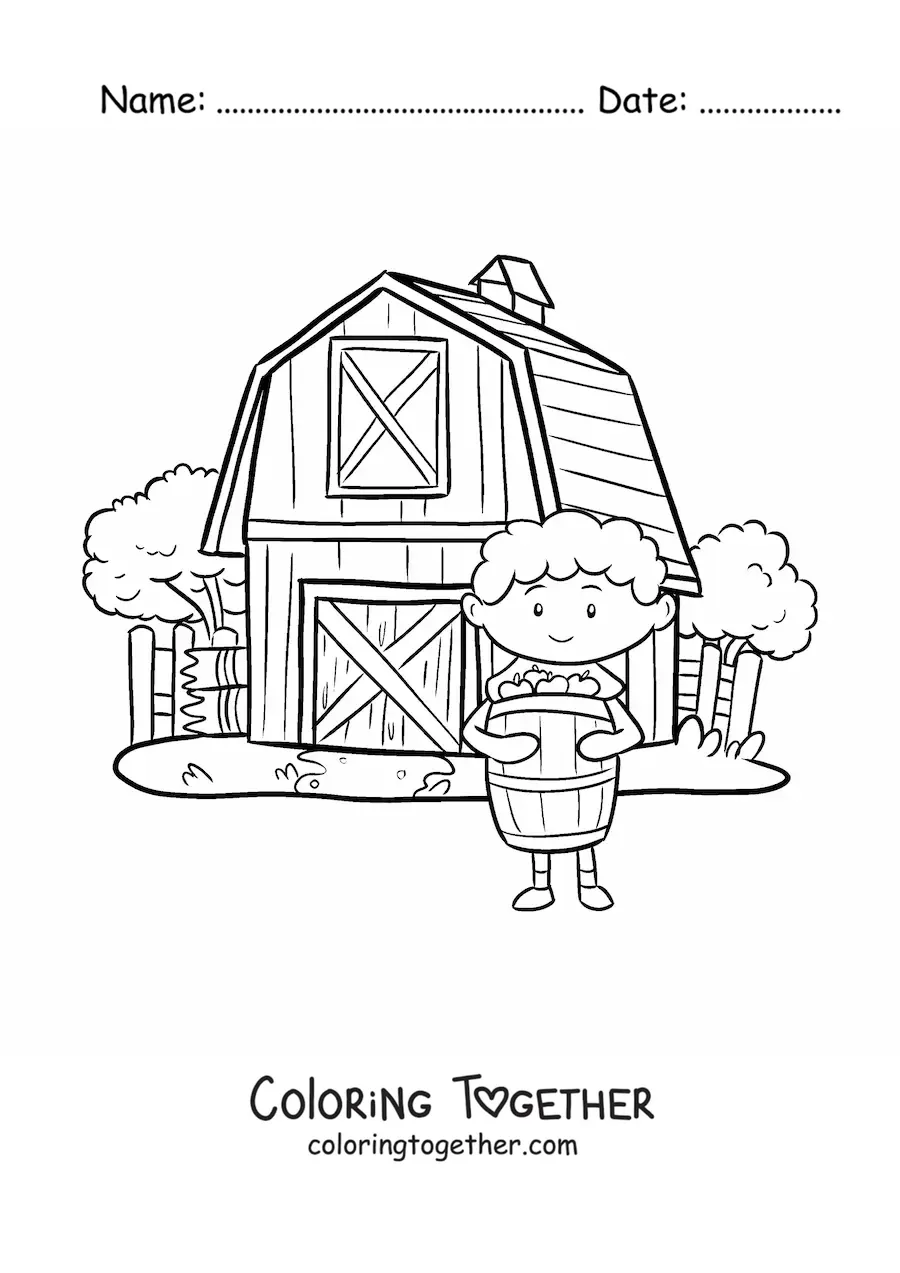 Coloring page of a kawaii farmer boy with a barrel on the farm