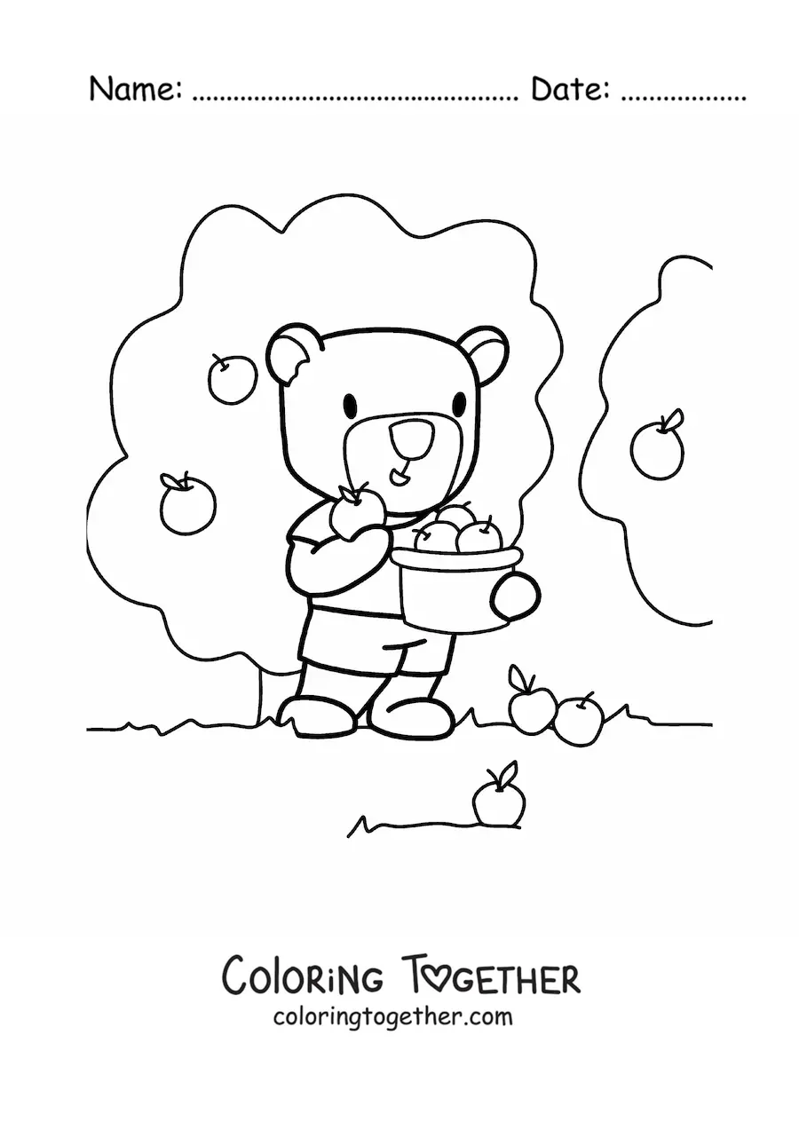 Coloring page of a cartoon kawaii bear picking apples from the trees into a basket