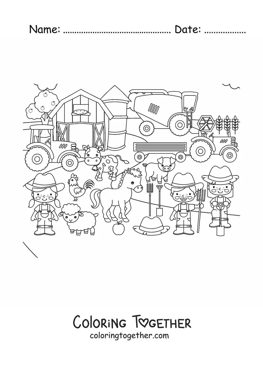 Coloring page of a kawaii farm