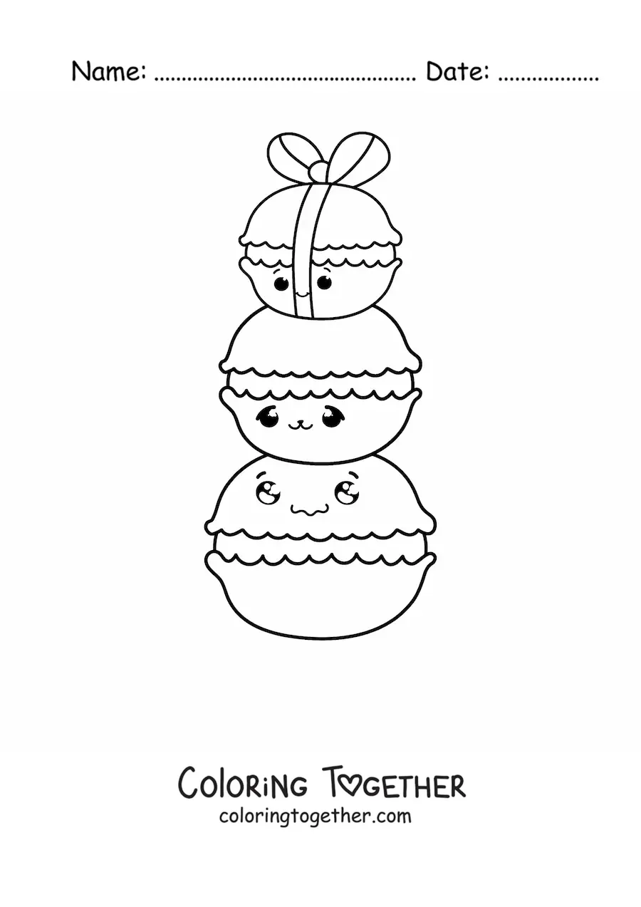 Coloring page of three kawaii macarons, one on top of the other with a bow