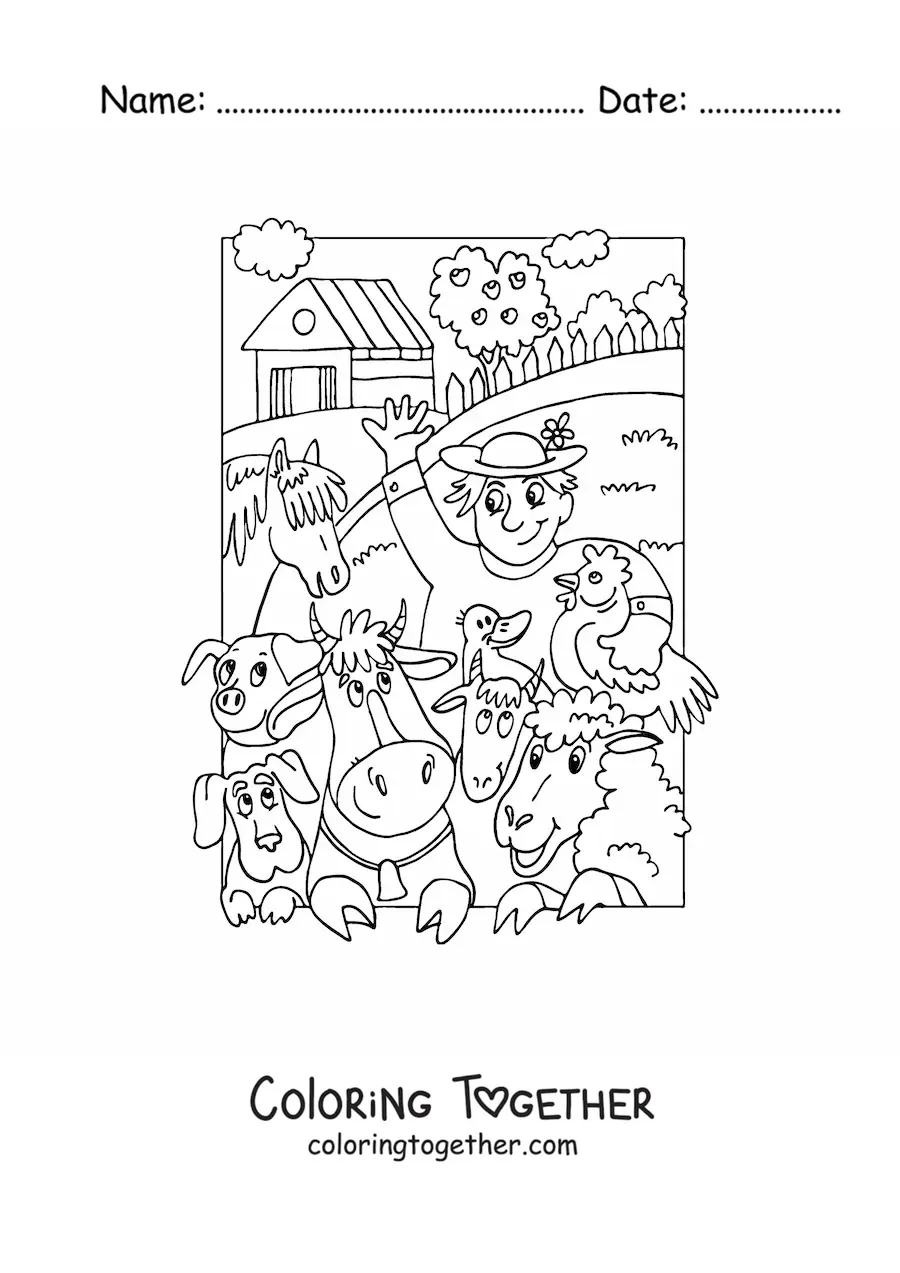 Coloring page of a cartoon farmer and animals