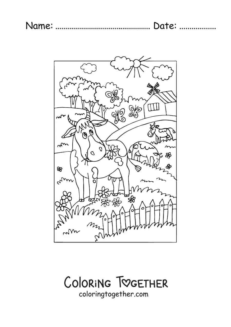 Coloring page of cartoon cows grazing on the farm