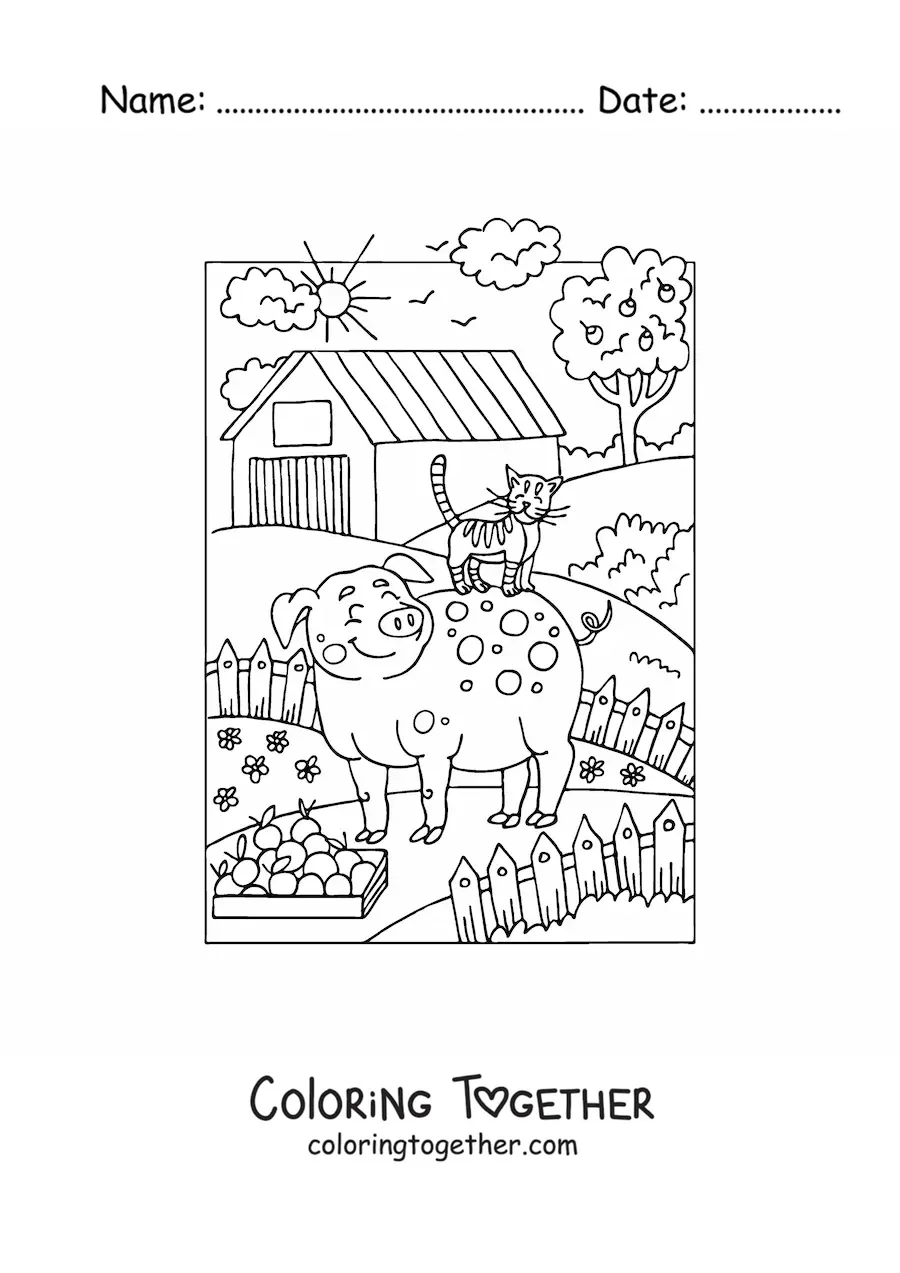 Coloring page of a cartoon pig and cat on the farm