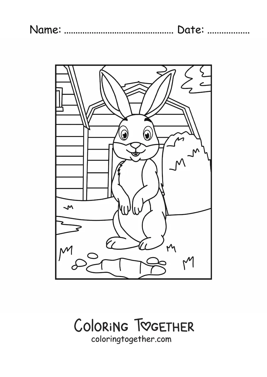 Coloring page of a cartoon rabbit on the farm