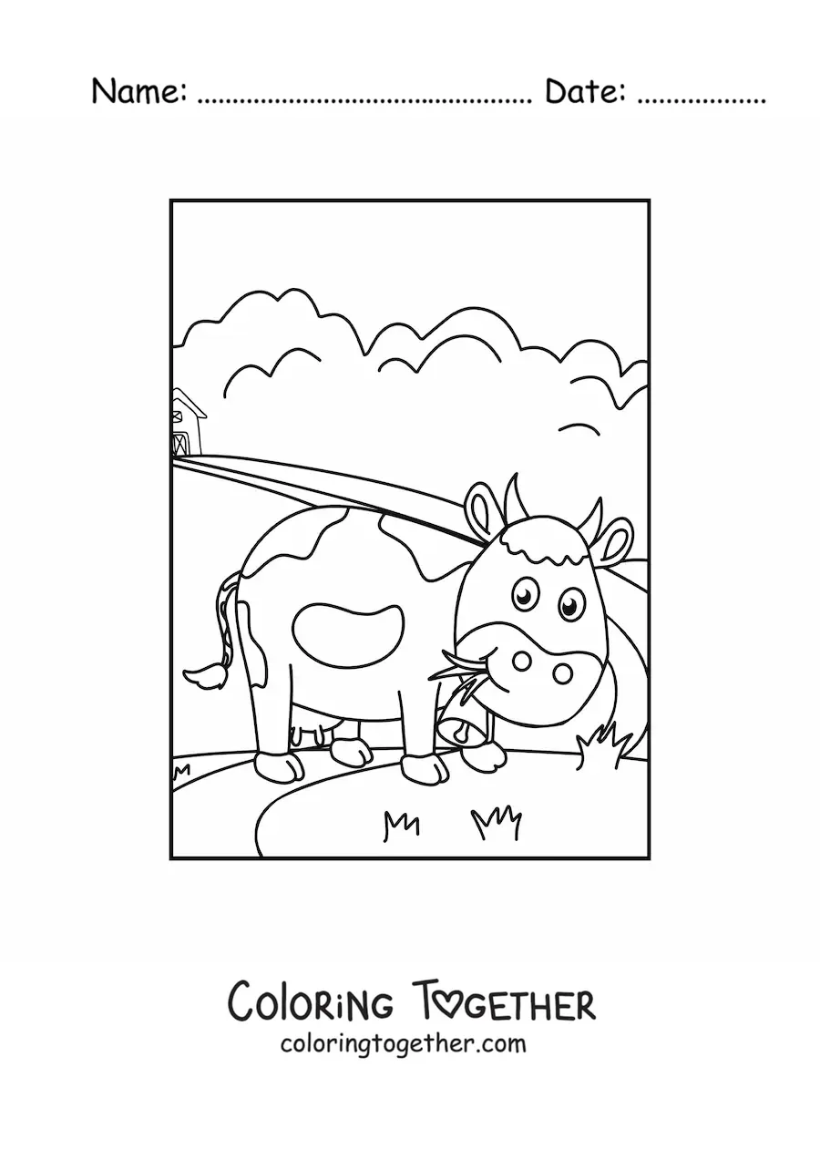 Coloring page of a cartoon cow grazing