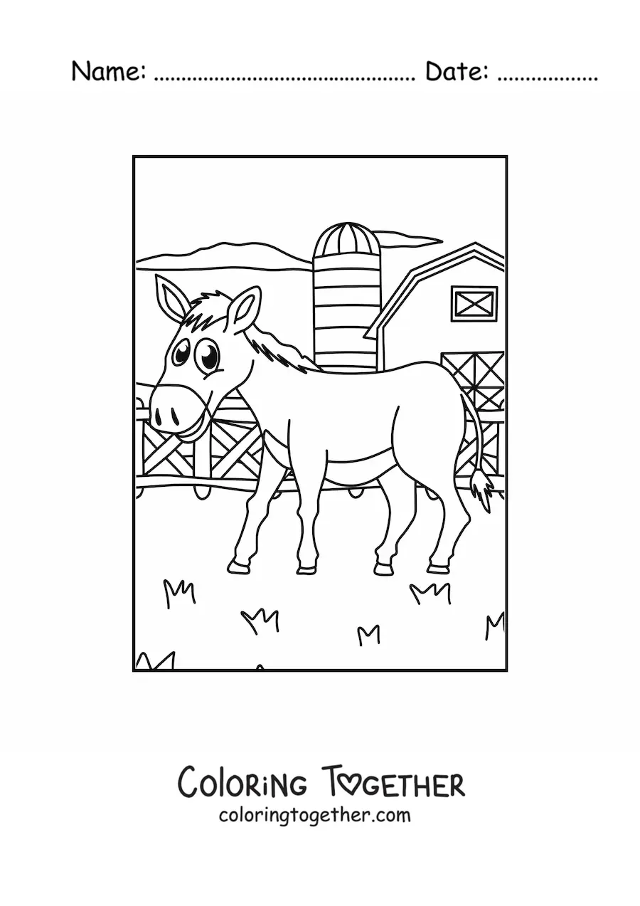Coloring page of a cartoon donkey on the farm