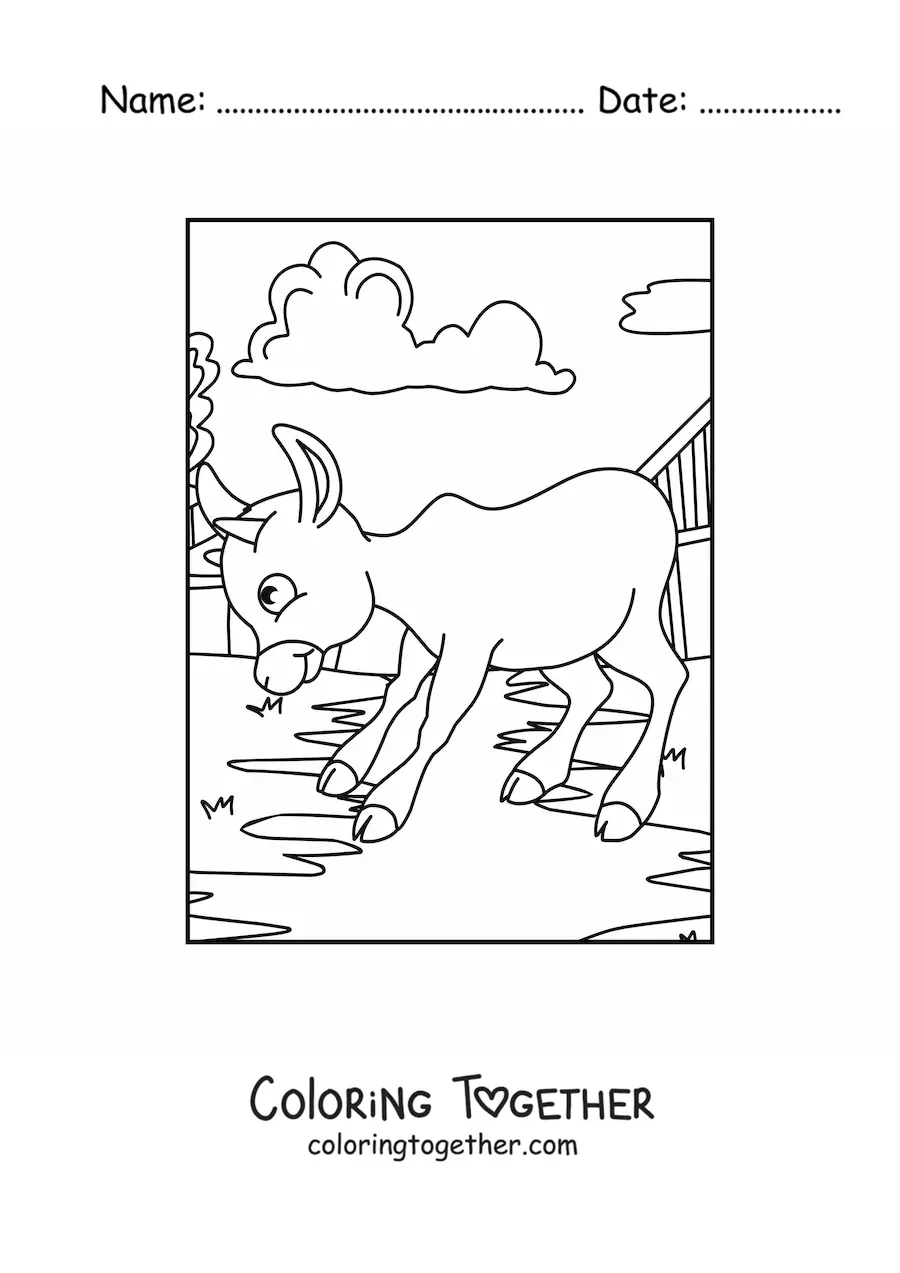 Coloring page of a cartoon calf on the farm