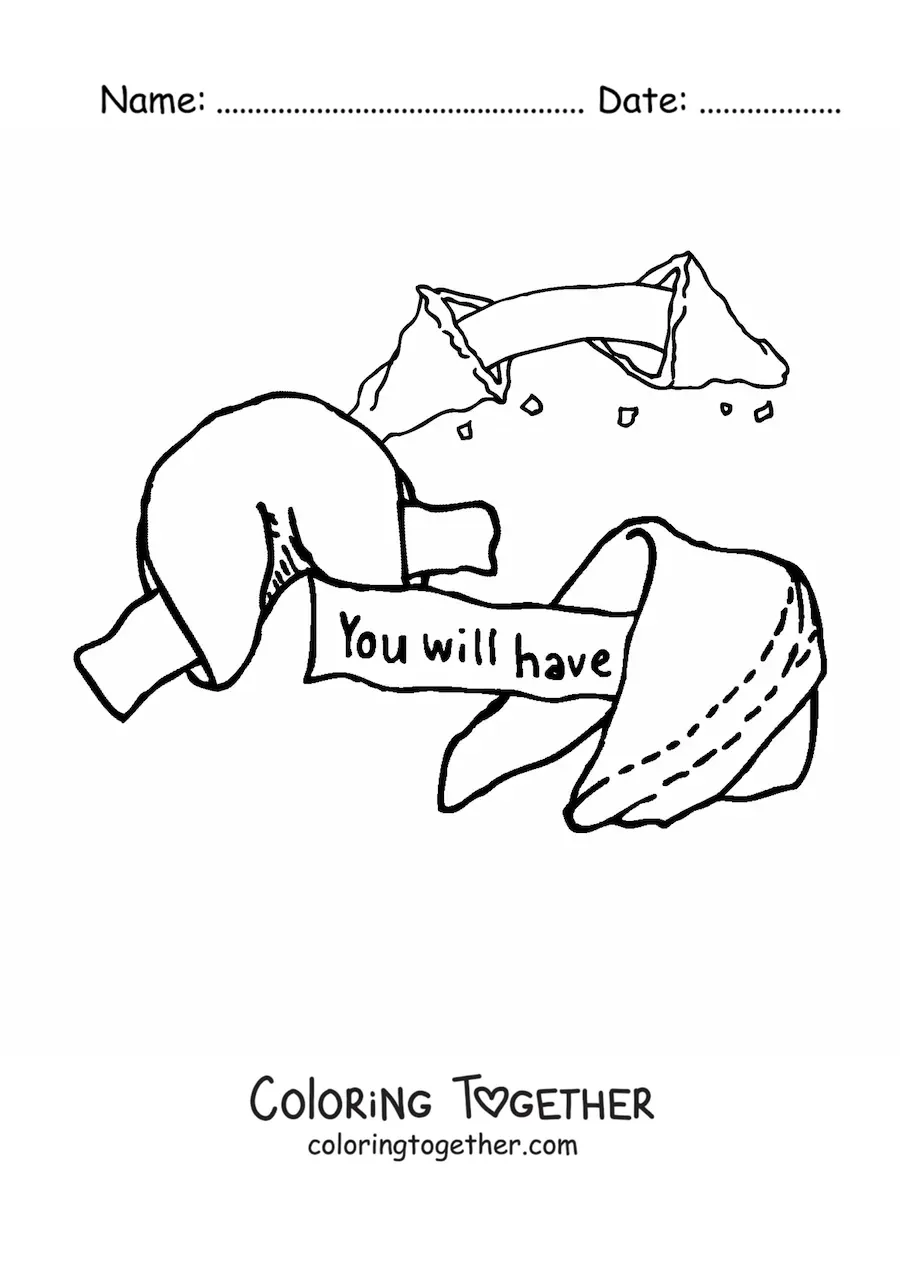 Coloring page of three open fortune cookies