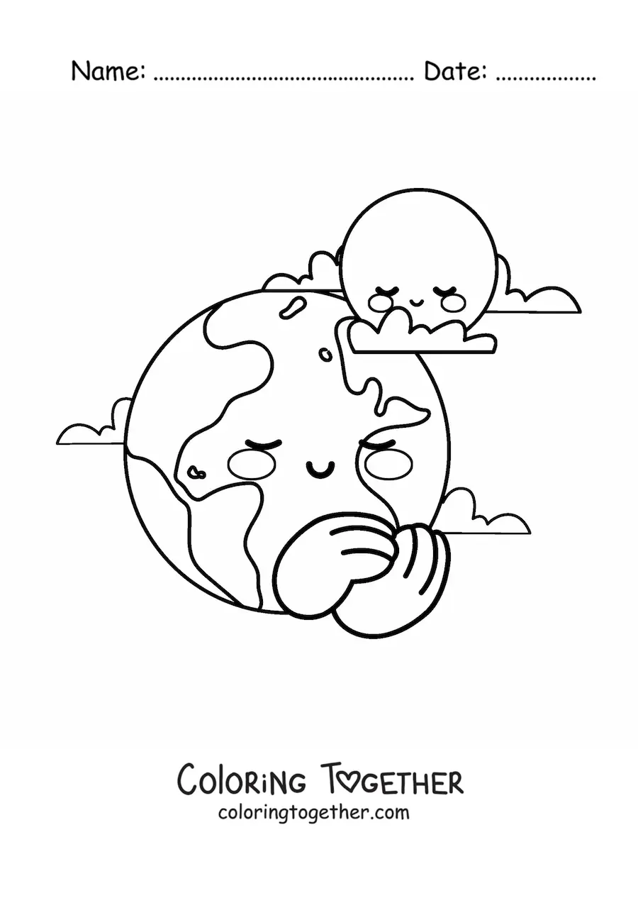 Coloring page of a cartoon kawaii planet Earth with the Moon