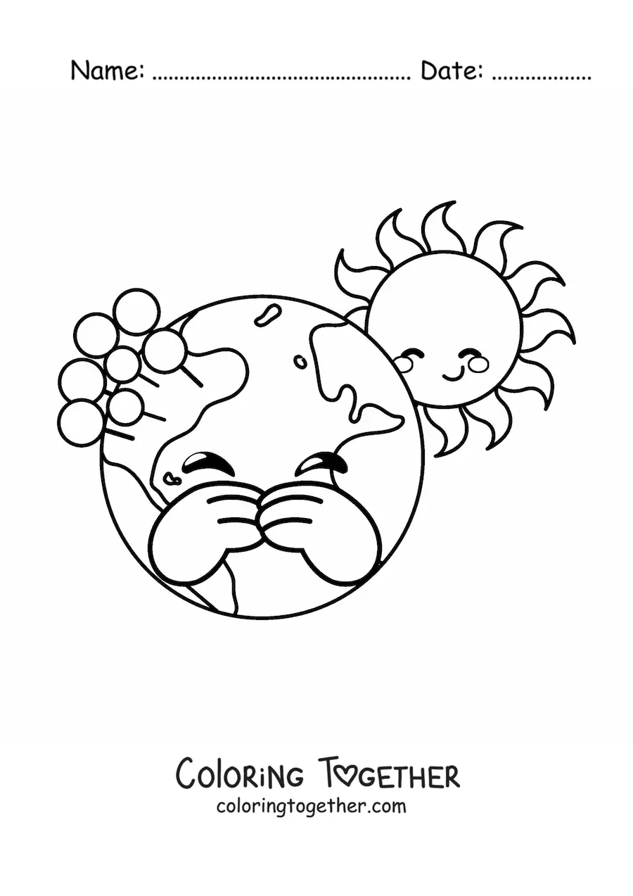 Coloring page of a cartoon kawaii planet Earth with the Sun