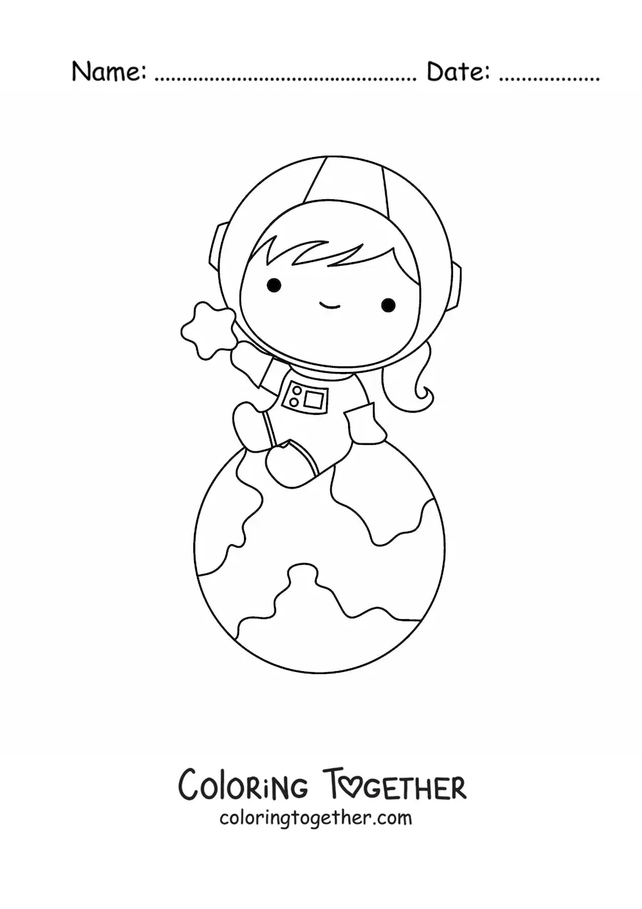 Coloring page of a kawaii astronaut girl sitting on planet Earth