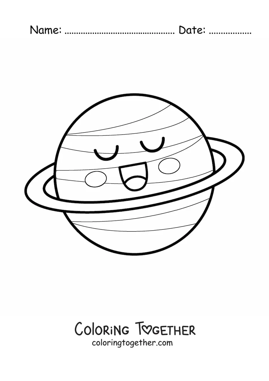Coloring page of a big cartoon kawaii planet smiling