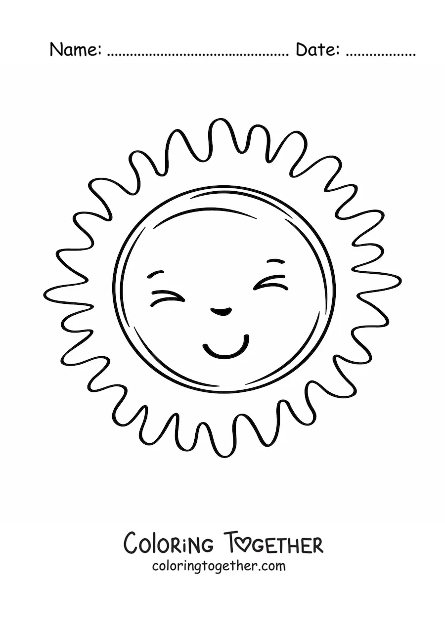 Coloring page of a big cartoon kawaii sun smiling